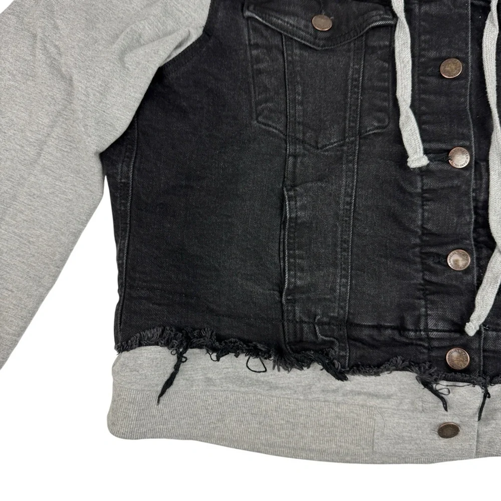 Risen Layered Denim Jacket Removable Hood Womens 2XL Black Distressed Gray Terry